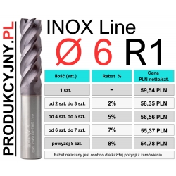 Frez z promieniem naroża Ø 6 R1 INOX LINE